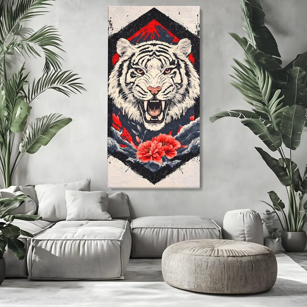 Tablou canvas cu tablou canvas cu tigru alb si flori rosii, fara rama, pe sasiu de lemn, pe perete intr-un living